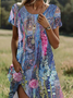 Damen Geblümt Kurzarm Sommer Print Kleid Rundhals Täglich Lässig Mini Tunika H-Linie Kleid