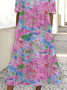 Damen Geblümt Halbarm Sommer Print Kleid Rundhals Täglich Lässig Maxikleid A-Linien-Kleid