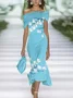 Damen Geblümt Flügelärmel Sommer Print Kleid Schulterfrei Täglich Retro Maxikleid H-Linie Kleid