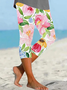 Damen Geblümt Caprihosen Elastische Taille Hose Lässig Sommer Hose