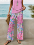 Damen Geblümt Print Zweiteiliges Set Täglich Ärmellos Lässig Sommer Bluse mit Hose Matching Set