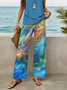 Damen Abstrakt Print Zweiteiliges Set Täglich Ärmellos Lässig Sommer Bluse mit Hose Matching Set