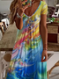Damen Abstrakt Kurzarm Sommer Print Kleid V-Ausschnitt Täglich Lässig Maxikleid X-Linie Kleid