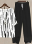 Damen Gestreift Print Zweiteiliges Set Täglich Halbarm Lässig Sommer Bluse mit Hose Matching Set