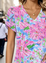 Damen Geblümt Kurzarm T-Shirts T-Shirt V-Ausschnitt Print Lässig Sommer T-Shirt mit Grafik Oberteile