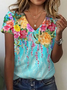 Damen Geblümt Kurzarm T-Shirts T-Shirt V-Ausschnitt Print Lässig Sommer T-Shirt mit Grafik Oberteile