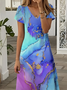 Damen Abstrakt Kurzarm Sommer Print Kleid V-Ausschnitt Täglich Lässig Maxikleid X-Linie Kleid