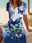 Damen Geblümt Kurzarm Sommer Print Kleid V-Ausschnitt Täglich Lässig Midi Passen & Flare Kleid A-Linien-Kleid
