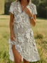 Damen Geblümt Kurzarm Sommer Print Kleid Schalkragen Täglich Lässig Knielänge A-Linien-Kleid