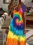 Damen Tie-Dye-Muster Kurzarm Sommer Print Kleid V-Ausschnitt Täglich Lässig Maxikleid X-Linie Kleid