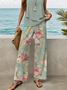 Damen Geblümt Print Zweiteiliges Set Täglich Ärmellos Lässig Sommer Bluse mit Hose Matching Set