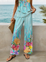 Damen Geblümt Print Zweiteiliges Set Täglich Ärmellos Lässig Sommer Bluse mit Hose Matching Set