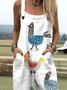 Damen Tier Karree-Ausschnitt Gallus Lässig Sommer Baumwolle Leinen Jumpsuit