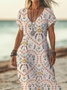 Damen Geblümt Kurzarm Sommer Print Kleid V-Ausschnitt Täglich Lässig Maxikleid X-Linie Kleid