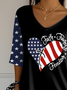 Damen Tag der Unabhängigkeit (Flagge) Dreiviertelärmel T-Shirts T-Shirt V-Ausschnitt Print Lässig Frühling/Herbst Oberteile