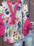 Damen Geblümt Halbarm Bluse Sommer Print V-Ausschnitt Täglich Lässig Oberteile
