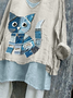 Damen Katze Langarm Bluse Frühling/Herbst Print V-Ausschnitt Täglich Lässig Oberteile
