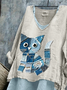 Damen Katze Langarm Bluse Frühling/Herbst Print V-Ausschnitt Täglich Lässig Oberteile