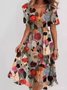 Damen Geblümt Kurzarm Sommer Print Kleid V-Ausschnitt Täglich Retro Maxikleid Rüschenrock A-Linien-Kleid
