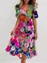 Damen Geblümt Kurzarm Sommer Print Kleid V-Ausschnitt Täglich Retro Maxikleid Rüschenrock A-Linien-Kleid