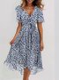 Damen Geblümt Kurzarm Sommer Print Kleid V-Ausschnitt Täglich Retro Maxikleid Rüschenrock A-Linien-Kleid