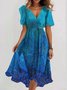 Damen Geblümt Kurzarm Sommer Print Kleid V-Ausschnitt Täglich Retro Maxikleid Rüschenrock A-Linien-Kleid