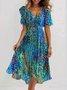 Damen Geblümt Kurzarm Sommer Print Kleid V-Ausschnitt Täglich Retro Maxikleid Rüschenrock A-Linien-Kleid