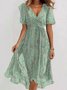 Damen Geblümt Kurzarm Sommer Print Kleid V-Ausschnitt Täglich Retro Maxikleid Rüschenrock A-Linien-Kleid