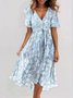 Damen Geblümt Kurzarm Sommer Print Kleid V-Ausschnitt Täglich Retro Maxikleid Rüschenrock A-Linien-Kleid