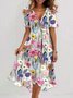 Damen Geblümt Kurzarm Sommer Print Kleid V-Ausschnitt Täglich Retro Maxikleid Rüschenrock A-Linien-Kleid