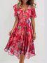 Damen Geblümt Kurzarm Sommer Print Kleid V-Ausschnitt Täglich Retro Maxikleid Rüschenrock A-Linien-Kleid