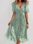 Damen Geblümt Kurzarm Sommer Print Kleid V-Ausschnitt Täglich Retro Maxikleid Rüschenrock A-Linien-Kleid