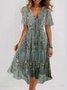 Damen Geblümt Kurzarm Sommer Print Kleid V-Ausschnitt Täglich Retro Maxikleid Rüschenrock A-Linien-Kleid