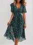 Damen Geblümt Kurzarm Sommer Print Kleid V-Ausschnitt Täglich Retro Maxikleid Rüschenrock A-Linien-Kleid