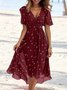 Damen Geblümt Kurzarm Sommer Print Kleid V-Ausschnitt Täglich Retro Maxikleid Rüschenrock A-Linien-Kleid