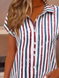 Damen Gestreift Kurzarm Bluse Sommer Print Hemdkragen Täglich Lässig Oberteile