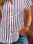 Damen Gestreift Kurzarm Bluse Sommer Print Hemdkragen Täglich Lässig Oberteile