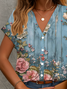 Damen Geblümt Kurzarm Bluse Sommer Print V-Ausschnitt Täglich Lässig Oberteile