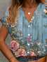 Damen Geblümt Kurzarm Bluse Sommer Print V-Ausschnitt Täglich Lässig Oberteile