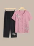 Damen Geblümt Stickerei Zweiteiliges Set Täglich Halbarm Lässig Sommer Bluse mit Hose Matching Set