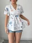 Damen Unifarben Kurzarm T-Shirts T-Shirt V-Ausschnitt Stickerei Lässig Sommer Tunika Oberteile