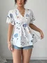 Damen Unifarben Kurzarm T-Shirts T-Shirt V-Ausschnitt Stickerei Lässig Sommer Tunika Oberteile
