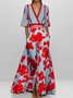 Damen Geblümt Kurzarm Sommer Print Kleid V-Ausschnitt Täglich Retro Maxikleid Tanktop A-Linien-Kleid