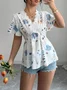 Damen Unifarben Kurzarm T-Shirts T-Shirt V-Ausschnitt Stickerei Lässig Sommer Tunika Oberteile