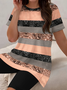 Damen abstrakte Streifen Print Zweiteiliges Set Täglich Kurzarm Lässig Sommer Bluse mit Hose Matching Set
