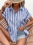Damen Gestreift Kurzarm Bluse Sommer Print Hemdkragen Täglich Lässig Oberteile