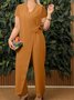 Damen Unifarben V-Ausschnitt Halbarm Lässig Sommer Baumwolle Jumpsuit
