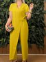 Damen Unifarben V-Ausschnitt Halbarm Lässig Sommer Baumwolle Jumpsuit