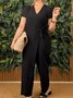 Damen Unifarben V-Ausschnitt Halbarm Lässig Sommer Baumwolle Jumpsuit