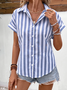 Damen Gestreift Kurzarm Bluse Sommer Print Hemdkragen Täglich Lässig Oberteile